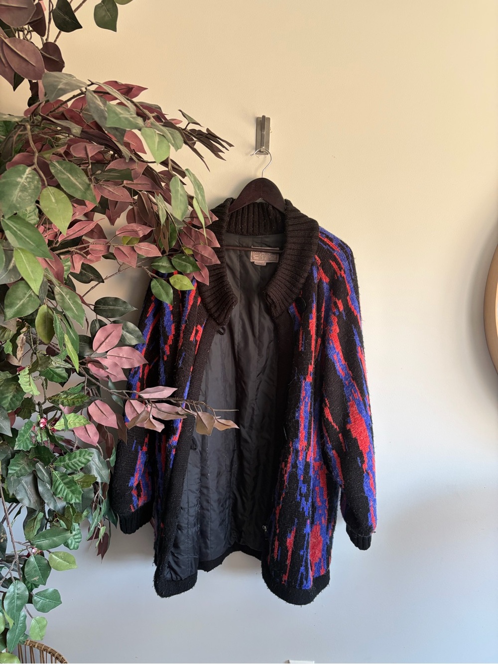 Vintage Black Teddy Jacket with Red & Blue Abstract Knit - Picture 6 of 6